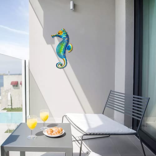 Seahorse Sea Wall Decor Outdoor Metal Garden Hanging Art Glass Sculptures Home Ocean Theme Decorations for Kitchen Bathroom and Pool