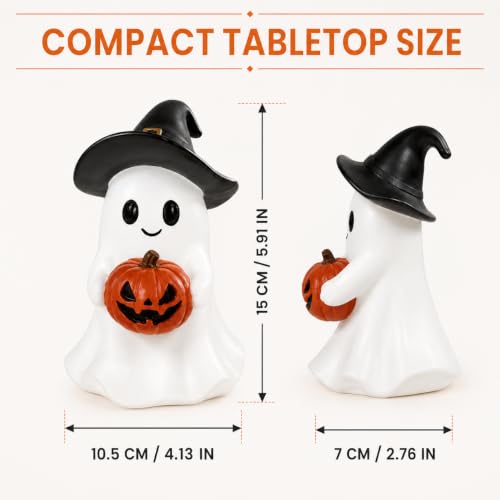 Halloween Ghost Figurine Cute Cartoon Ghost Holding Two Bats Spooky Tabletop Decoration White Desk Display Ornament for Home Office Mantel Shelf Party Fall Holiday Decor Supplies