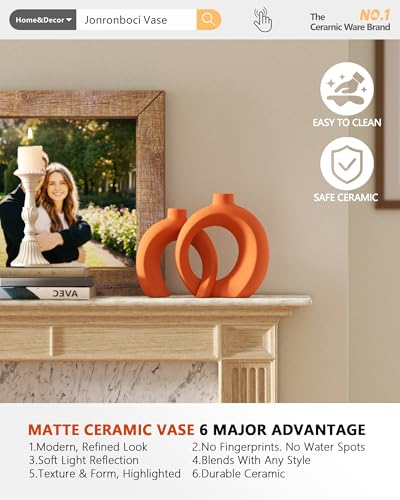 Set of 2 Orange Ceramic Vases for Home Decor Accents