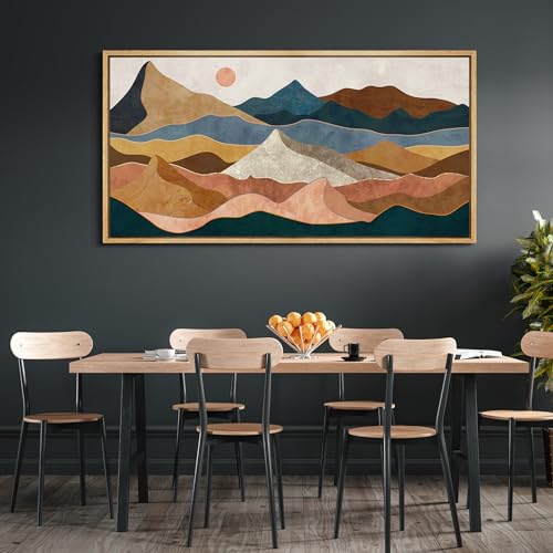 Extra Large Framed Canvas Print Wall Art Desert Peaks Colorful Geometric Mountain Illustrations Antique Retro Fine Art Illustrations Decorative Colorful for Bedroom