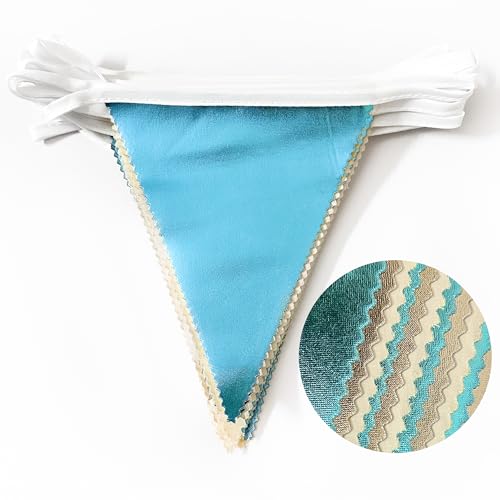 Champagne Gold Sky Blue Beige Decorations Metallic Fabric Triangle Pennant Banner Bunting Flag Garland for Birthday Baby Shower Engagement Wedding Graduation Bridal Shower Party Decorations Supplies (36 Count)