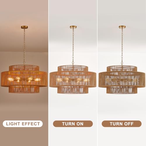 30" Large Gold Rattan Chandelier (8 Count)