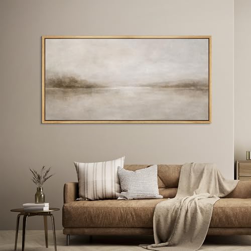 Extra Large Framed Canvas Print Wall Art Misty Lake Landscape Antique Retro Fine Art Illustrations Decorative Colorful for Bedroom