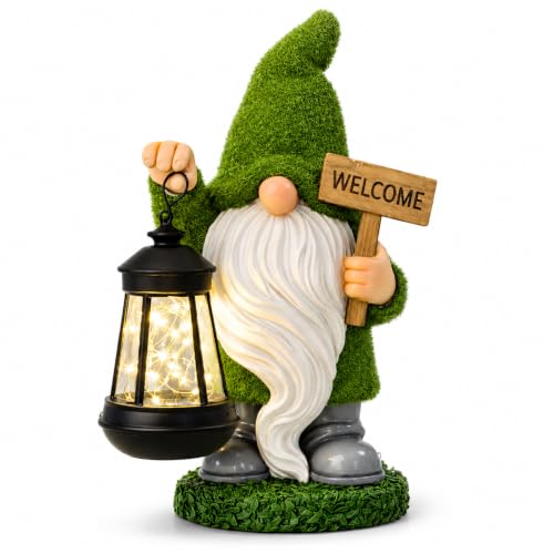 Garden Gnome Statue with Solar Lantern Welcome Sign Outdoor Decor for Porch Lawn Patio Yard Holiday Decorations Housewarming Christmas Decor Gifts for Women