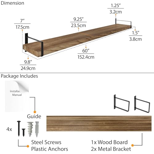 Toledo 60 inch Floating Shelf with Heavy Duty Bookend Brackets