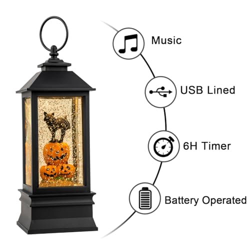 Halloween Snow Globe Lantern Water Glittering Spooky Witch' s Black Cat in Pumpkins with Music
