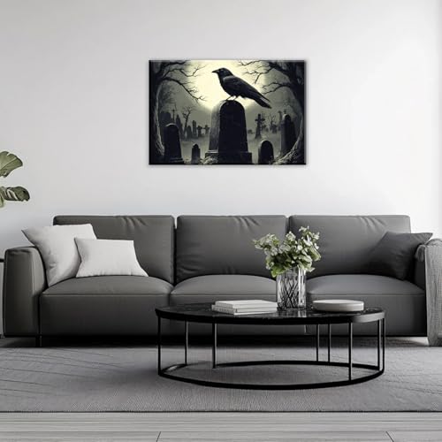 Crow Canvas Wall Art Gothic Black Bird On Branch Painting Print Spooky Forest Full Moon Scenery Poster Artwork Framed Halloween Home Decor