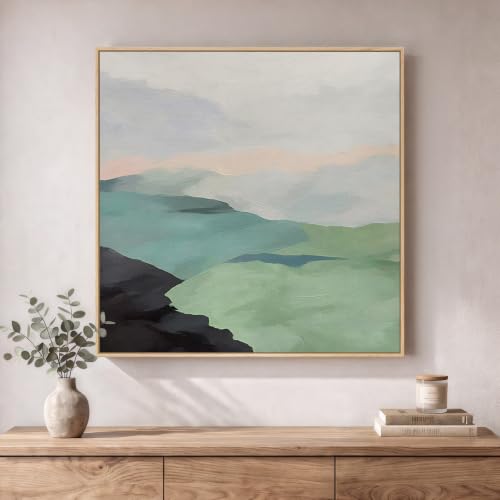 Large Framed Modern Neutral Green Abstract Landscape Wall Art