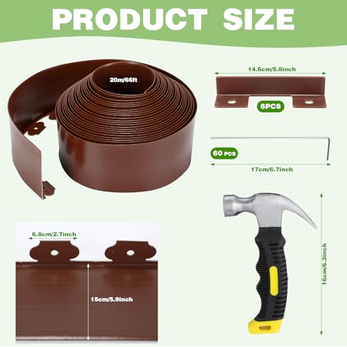 6 Inch Tall 66 ft Length No Dig Landscape Plastic Edging Kit with Hammer Spikes Plastic Garden Flower Bed Edging Landscape Edging Border for Gardens Border Lawn Grass Yard