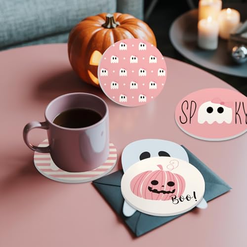 4Pcs Halloween Ceramic Coasters Pink Ghost Pumpkin Drink Coasters Absorbent Cup Mat for Mug Cup Home Kitchen Party Table Decor (4 Count)