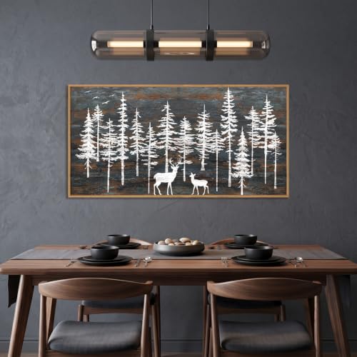 Vintage Pine Tree Deer Framed Canvas Wall Art Set