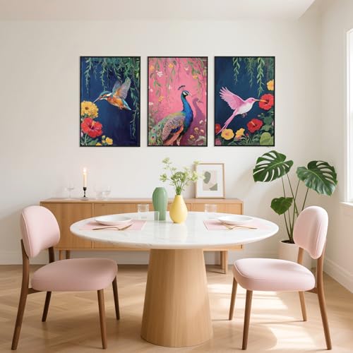 3 Pcs Birds Peacock Flowers Framed Canvas Wall Art 16x24 Inch