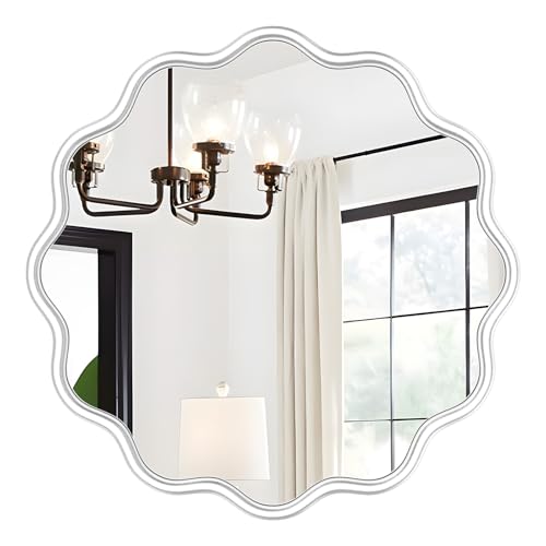 White Round Mirror 24 Inch Wavy Bathroom Vanity Mirror White Frame Modern Wall Mirror Decorative Wall