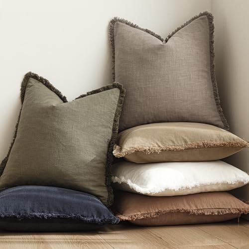 Decorative Linen Fringe Throw Pillow Covers 20×20 Inch (2 Count)