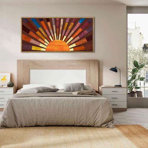 Extra Large Wood Sun Framed Wall Art 20x40 Inch Boho Sunrise 3D Geometric Wall Decor Mid century Sunshine Painting for Living room Bedroom Dining room Single