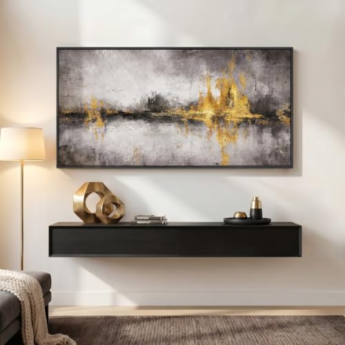 Large Framed Black Grey and Gold Abstract Wall Art for Living Room