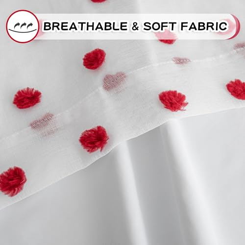 Blackout Curtains for Girls Bedroom 63 Inch Long Red Pom Pom Curtains for Kids Room 2 Panels 100% Room Darkening Window Treatment 2 Layered Drapes Toddler Grommet 50W x 63L