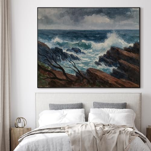 36"x46" Extra Large Framed Wall Art Rocky Seashore with Crashing Waves and Moody Sky for Home Living Room Bedroom Decor
