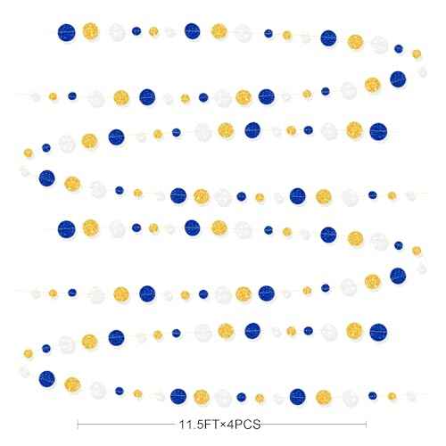 Royal Blue Gold White Party Polka Dot Garland Dark Blue Glitter Gold White Hanging Paper Circle Dots Streamer for Birthday Graduation Wedding Shower Retirement Nautical Party Decorations Supplies