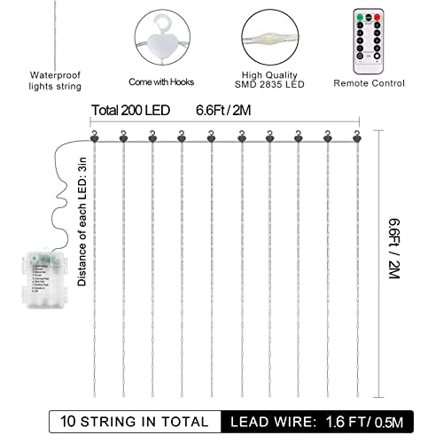 Curtain Lights Battery Operated 6.6×6.6ft with Remote Timer