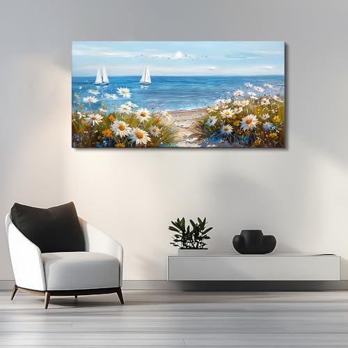 Home Decor Printing Canvas Picture Blue Ocean Landscape Painting Wall Art For Living Room Farmhouse Dinin Mural White Flowers Bedroom Office Wall Decoration Artwork Easy To Hang 20x40 In