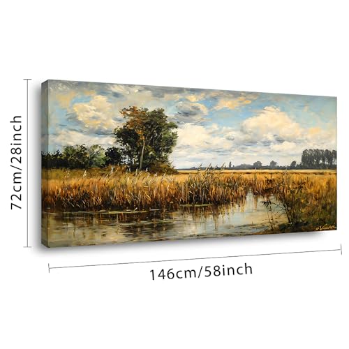 Beautiful Wilderness Meadow Canvas Wall Art Oil Painting Reproduction Print Vintage Wildflower Field Scenery Countryside Landscape Tree Rustic Retro Decor Artwork Country Farmhouse Living Room 58x28 Inches