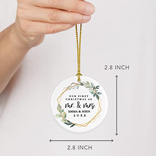 Personalized Our First Christmas As Mr. & Mrs. 2026 Christmas Ornaments Geometric Greenery 2.8" Round Porcelain Ceramic 1st Year Married Custom Ornament for Newlyweds Keepsake 1