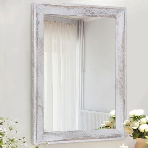 Mirrors for Wall Rustic Wood Framed Hanging Mirror 28"x20" Decorative for Farmhouse Bedroom Bathroom Living Room Entryway Hallway White