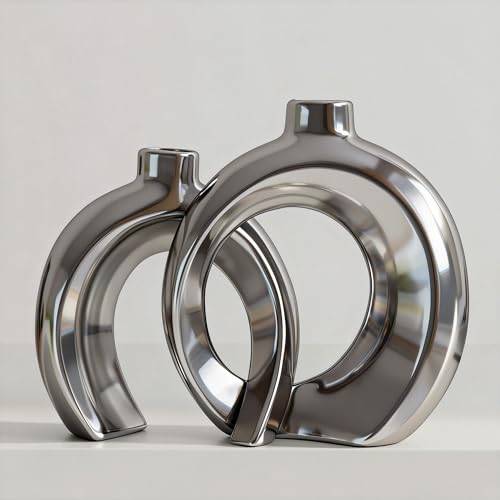 Set of 2 Silver Ceramic Vases for Home Decor Accents