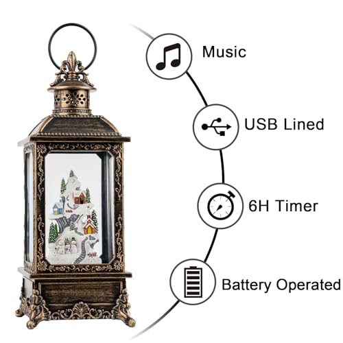 Christmas Village Buildings Snow Globe Lantern Water Glittering Snowman Family with Music & Timer