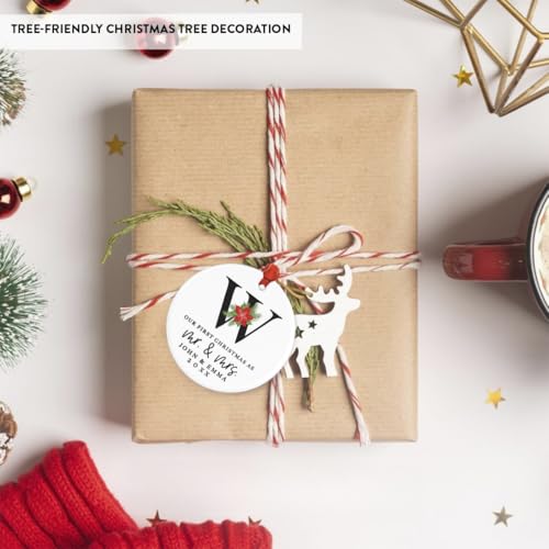 Personalized Our First Christmas As Mr. & Mrs. 2026 Christmas Ornaments Monogram Poinsettia 2.8" Round Porcelain Ceramic 1st Year Married Custom Ornament Keepsake for Newlyweds 1