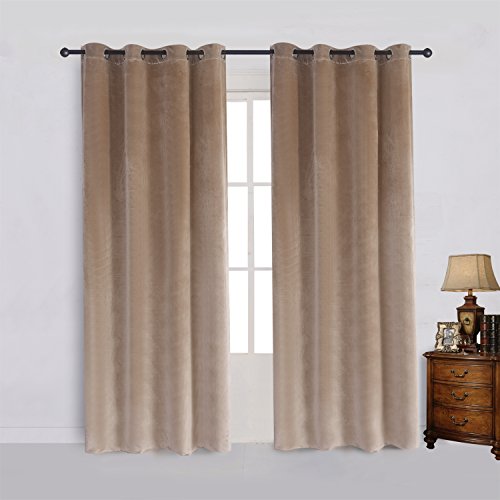 Super Soft Luxury Velvet Curtains Set of 2 Sand Color Room Darkening Blackout Drapes Drapery Cream 52 Inch Wide by 72 Inch Length with Grommet Sand