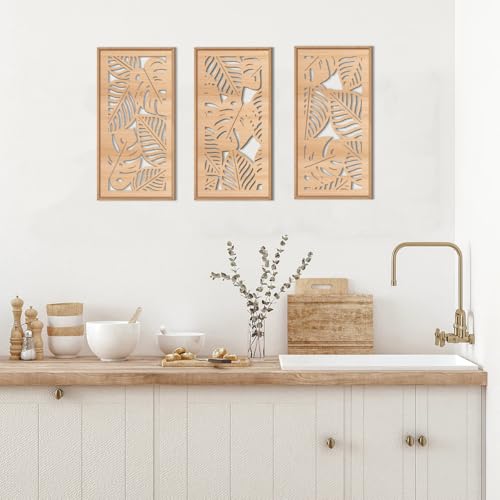 Tropical leaf Wood Wall Decor Framed Palm Monstera Leaves Wooden Wall Art Coastal Hawaii Art decor 7.87x15.75 Inch Set of 3 for Living room Bedroom Office