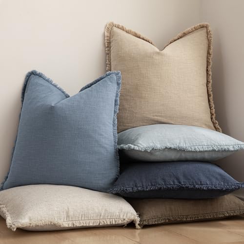 Decorative Linen Fringe Throw Pillow Covers 18×18 Misty Blue (2 Count)