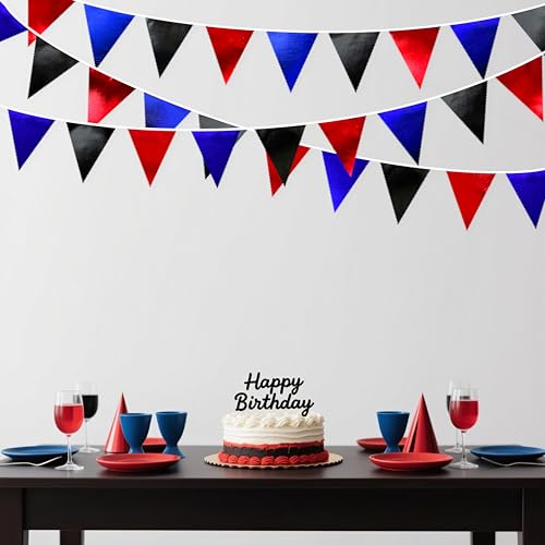 Navy Blue Red Black Party Decorations Metallic Fabric Triangle Pennant Banner Flag Bunting Garland for Graduations Birthday Retirement 4th of July USA Patriotic Veterans Party Decorations Supplies (32 Foot)
