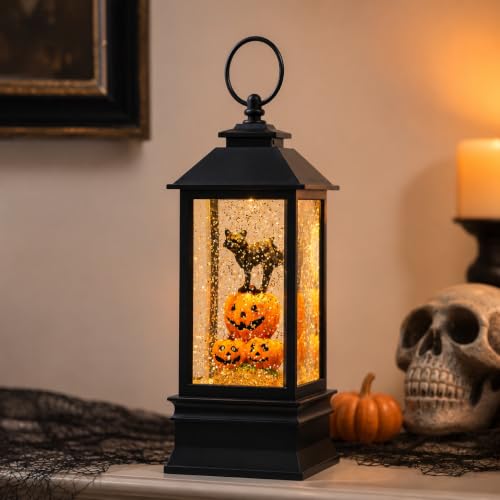Halloween Snow Globe Lantern Water Glittering Spooky Witch' s Black Cat in Pumpkins with Music