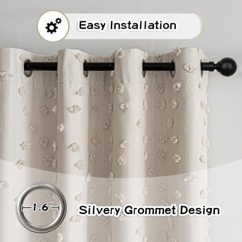 100% Blackout Curtains for Girls Bedroom 90 Inch Long Total Room Darkening Curtain for Living Room 2 Panels Grommet Light Blocking Sliding Door Drapes Beige Pom Pom Sheer 50" x 90" (2 Count)