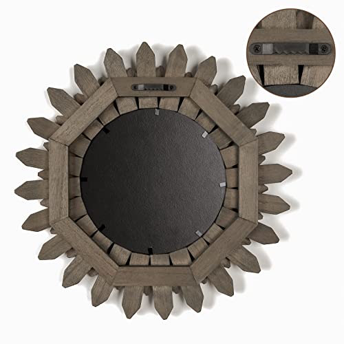 Farmhouse Wall Decor Mirror 12 inch Sunburst Boho Wood Mirror Rustic Home Decor Room Decoration for Bedroom Living Room Weathered Grey