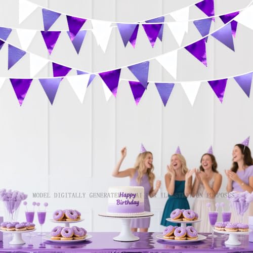 Purple and White Party Decorations Metallic Fabric Ombre Purple White Triangle Pennant Banner Flag Bunting for Graduation Birthday Engagement Wedding Bachelorette Lavender Lilac Violet Party Supplies (36 Count)