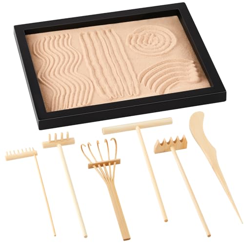 8 Pcs Mini Zen Garden Kit for Table Decor DIY Your Own Zen Garden 8.5" x 6.7" Japanese Sand Tray 6 Rake Tools Meditation Gifts Set for Home Office Tabletop Accessories Therapy Stress Relief (8 Count)