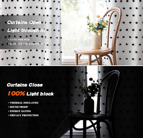 100% Blackout Curtains for Bedroom Total Light Blocking Curtains 84 Inch Long Room Darkening 2 Panels Grommet Double Layer Curtains Privacy Window Drapes with Black Pom Pom Sheer 50" x 84" (2 Count)