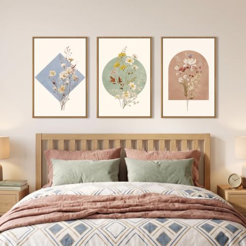 Boho Neutral Wildflower Framed Canvas Wall Art Set