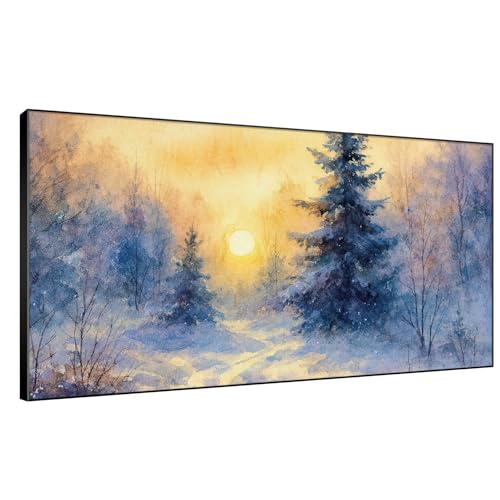 36"x72" Extra Large Framed Wall Art Winter Sunrise in Snowy Pine Forest Watercolor Style for Home Living Room Bedroom Decor