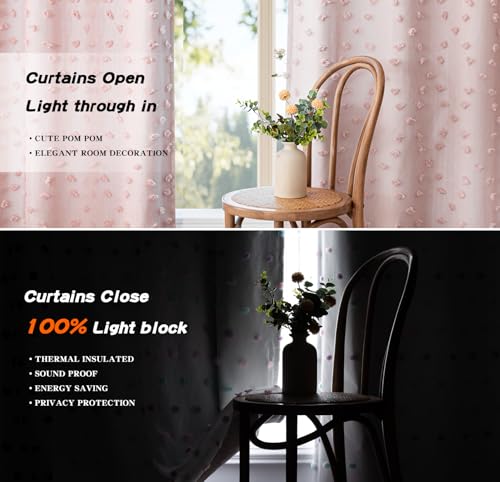 100% Blackout Curtains for Nursery Thermal Insulated Blush Pink Pom Pom Curtain 72 Inch Length for Girls Bedroom 2 Panels Grommet White Sheer Drapes for Kitchen Dining Room Door (2 Count)
