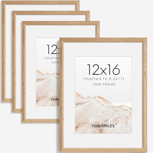 12x16 Picture Frame Set of 4 Natural Solid Oak Photo Frames with 8.5x11 Removable Mat Wall Hanging Large Handcrafted Frame with HD Plexiglass Wall and Tabletop Display Large Poster Frame (4 Count)