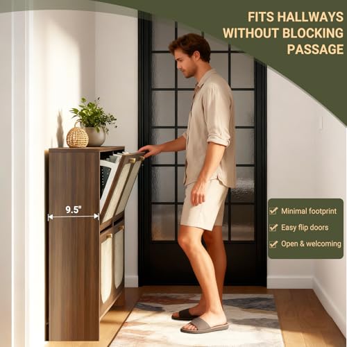 Freestanding Ultra Slim Fluted Accent Shoe Storage Cabinet for Entryway