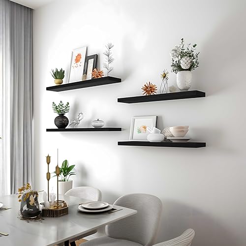 24 Inch Floating Shelves for Wall Rustic Black Wood Wall Shelves for Bedroom Set of 4 (4 Count)