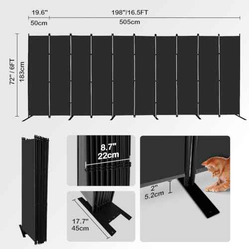 10 Panel Black Room Divider 6ft Tall Indoor Folding Privacy Screen