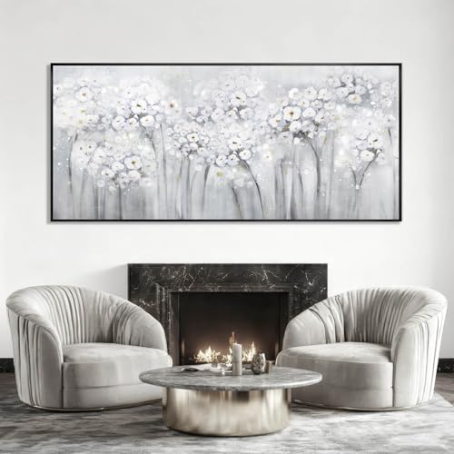 Flower Wood Wall Decor White Wall Art Textured Canvas Painting 32"x70" Decorative Pictures for Bedroom Kitchen Large Artwork
