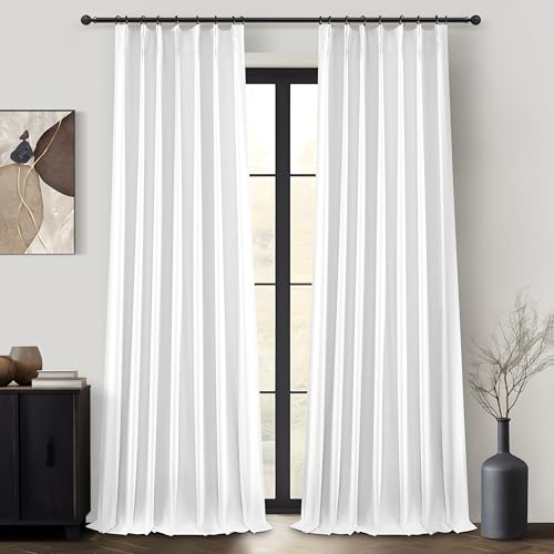 Bright White Curtains 108 Inches Long Pinch Pleated Linen Blackout Curtains for Living Room & Bedroom